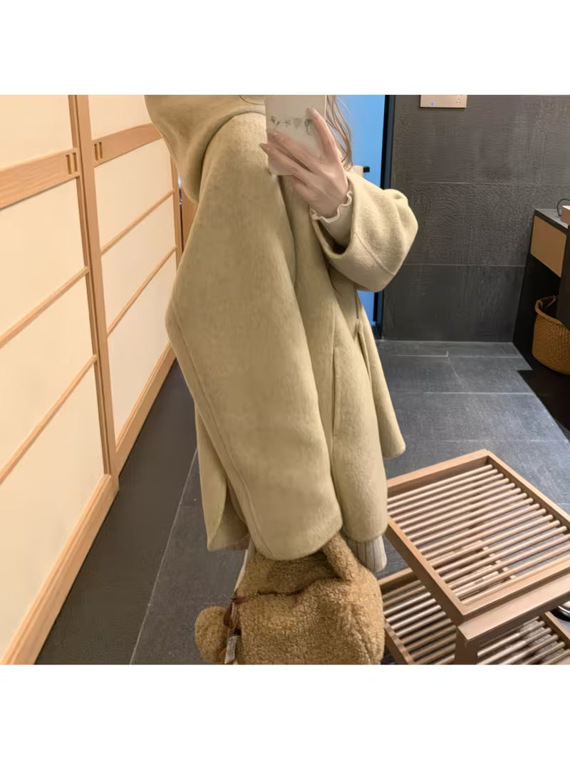 New Elegant Casual Loose Cape Wool Coat for Women in Autumn Winter, Featuring a Hooded Design Inspired by French And Korean Styles