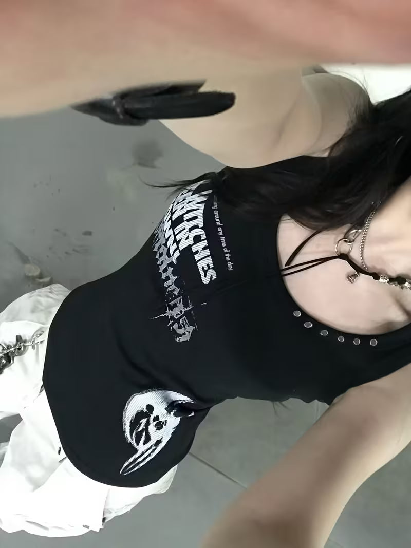 Harajuku Rivet Letter Print Babe Tank Top
