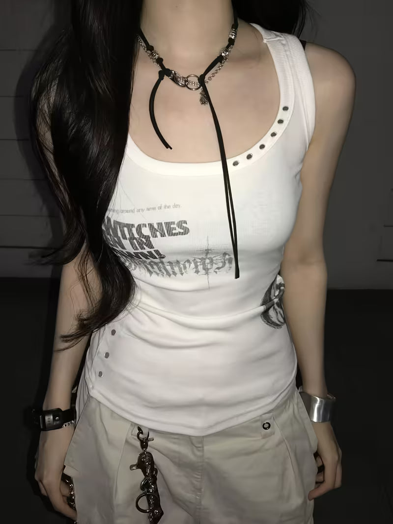 Harajuku Rivet Letter Print Babe Tank Top