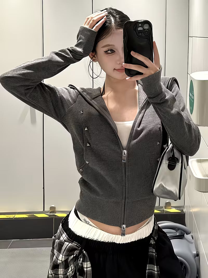 New Spring And Summer Collection of Gray American Vintage Studded Fitted Zip-Up Short Jacket for Women, a Stylish And Versatile Cropped Outerwear