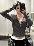 New Spring And Summer Collection of Gray American Vintage Studded Fitted Zip-Up Short Jacket for Women, a Stylish And Versatile Cropped Outerwear