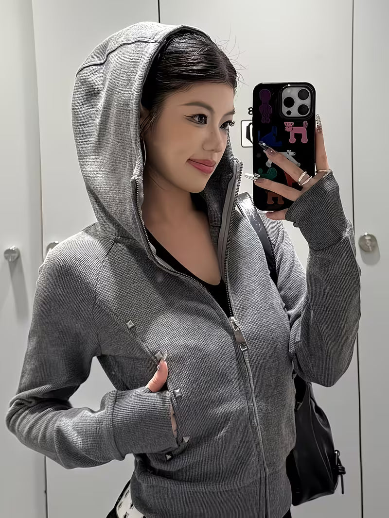New Spring And Summer Collection of Gray American Vintage Studded Fitted Zip-Up Short Jacket for Women, a Stylish And Versatile Cropped Outerwear