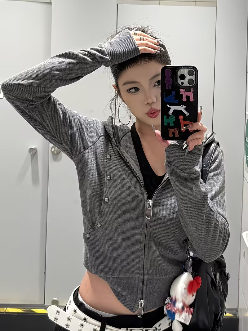 New Spring And Summer Collection of Gray American Vintage Studded Fitted Zip-Up Short Jacket for Women, a Stylish And Versatile Cropped Outerwear