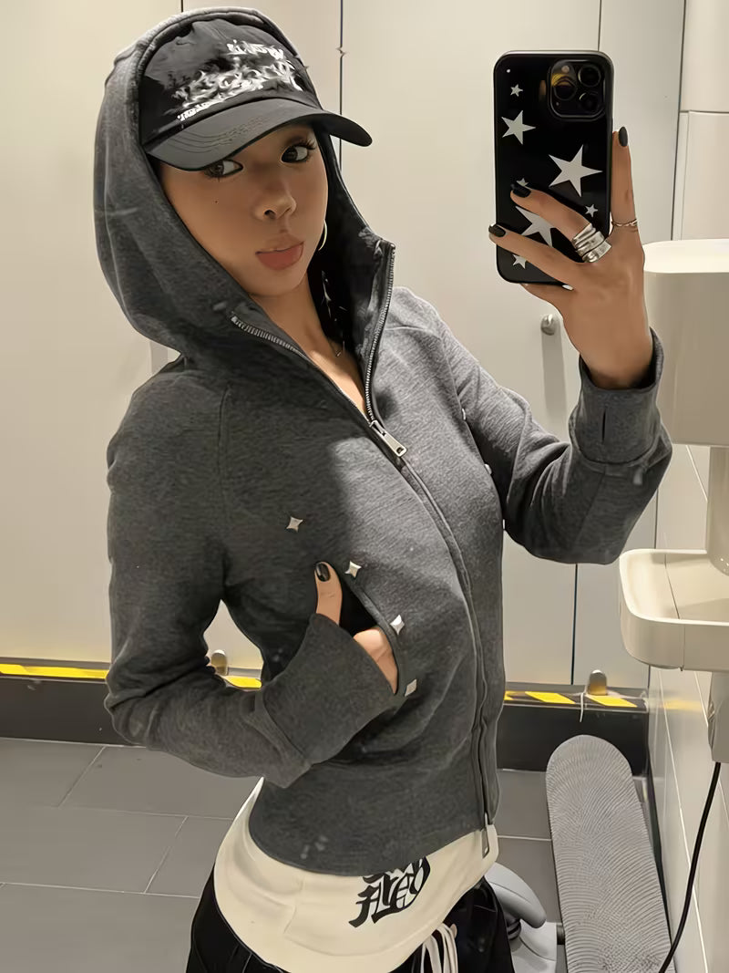 New Spring And Summer Collection of Gray American Vintage Studded Fitted Zip-Up Short Jacket for Women, a Stylish And Versatile Cropped Outerwear