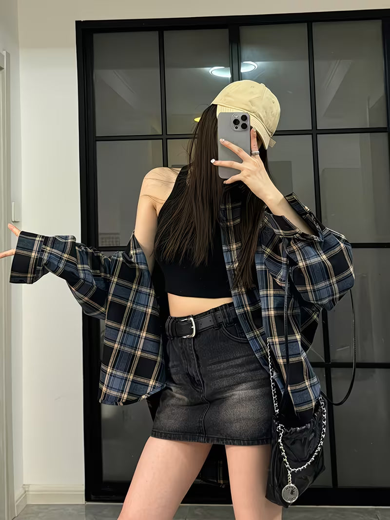 Korean-style Vintage Long-Sleeve Plaid Shirt Jacket for Spring, Summer, and Autumn, Designer-Inspired, Niche, Loose Fit, Versatile, Lapel Shirt, Trendy