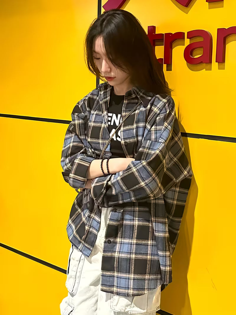 Korean-style Vintage Long-Sleeve Plaid Shirt Jacket for Spring, Summer, and Autumn, Designer-Inspired, Niche, Loose Fit, Versatile, Lapel Shirt, Trendy