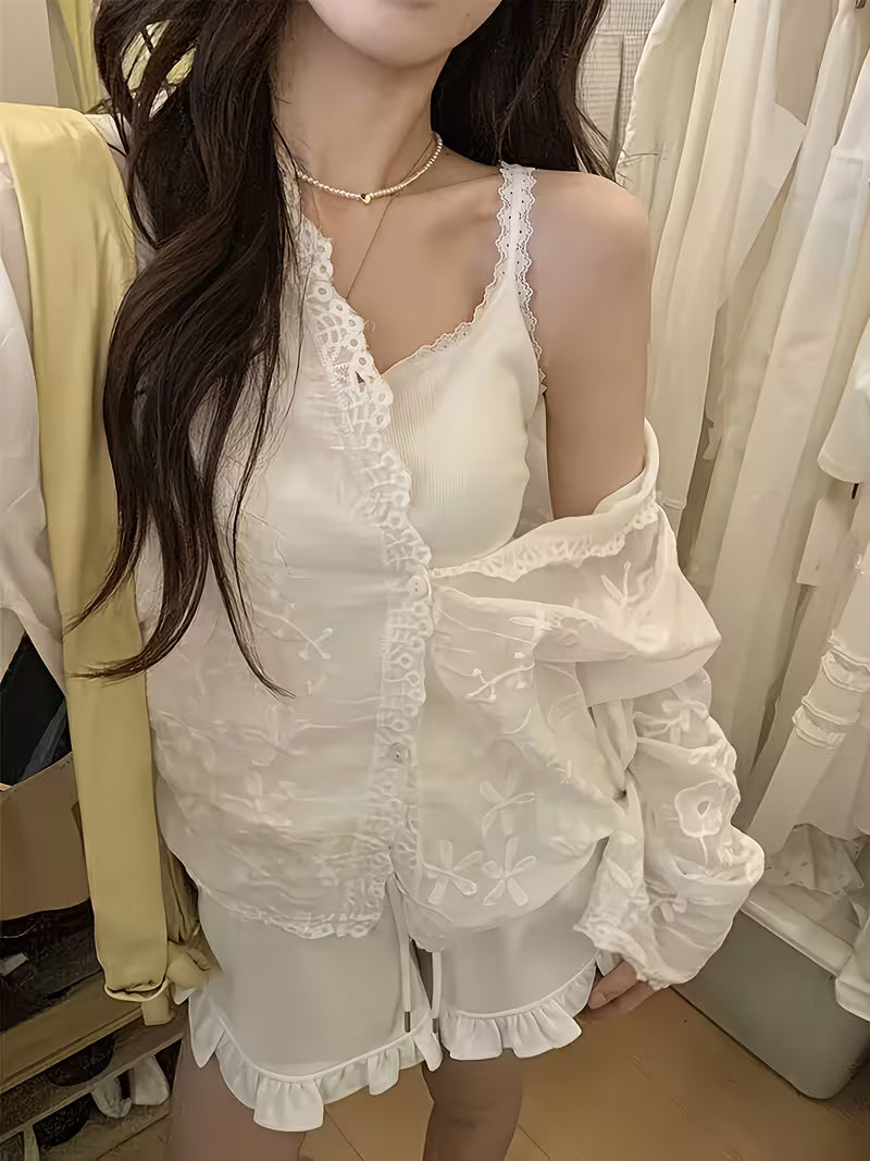 Embroidered Hook Flower Casual Versatile Loose Long Sleeved Cardigan Top, Gentle Style Daily Cover up Cardigan