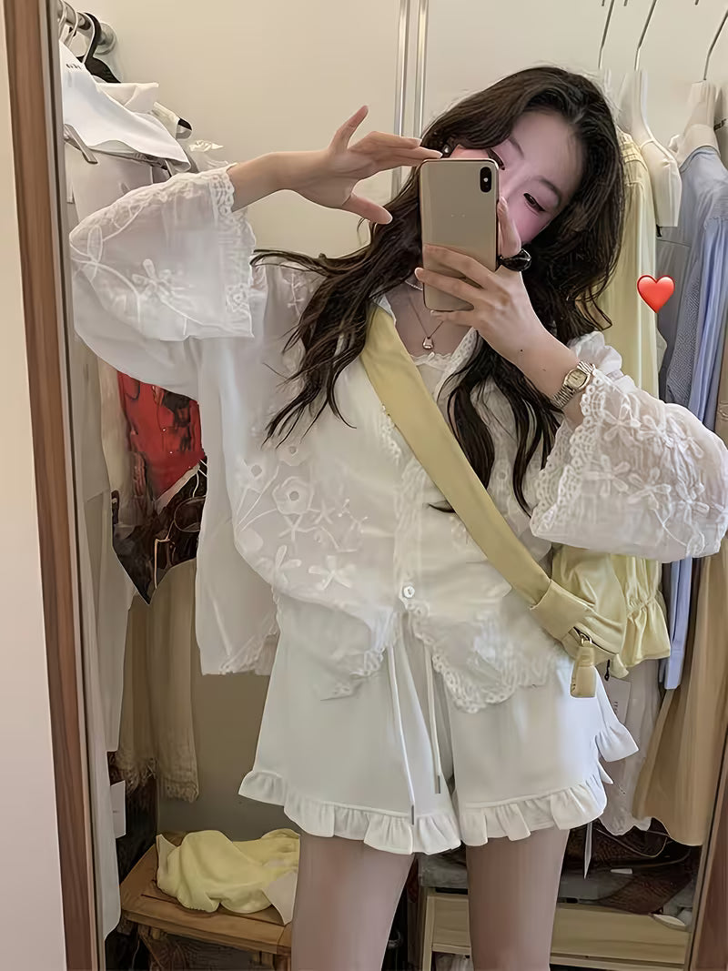 Embroidered Hook Flower Casual Versatile Loose Long Sleeved Cardigan Top, Gentle Style Daily Cover up Cardigan