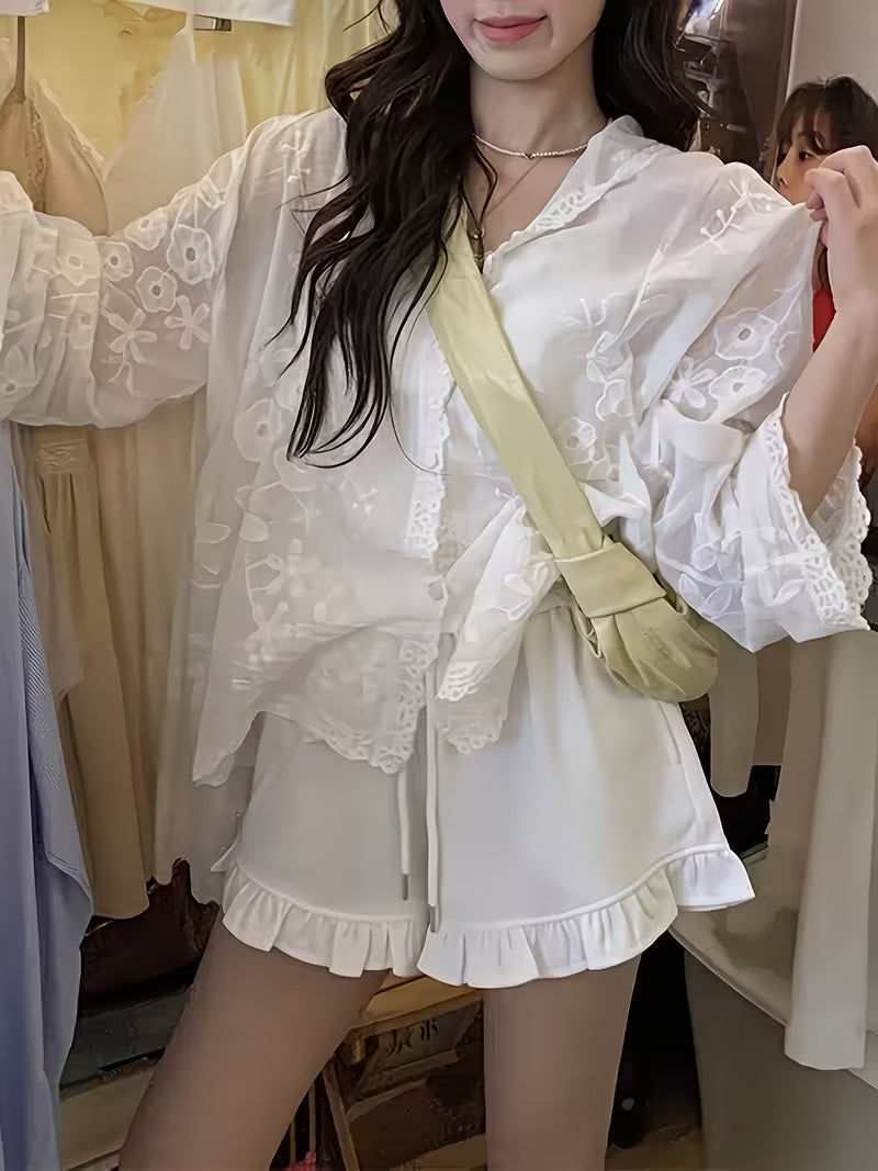 Embroidered Hook Flower Casual Versatile Loose Long Sleeved Cardigan Top, Gentle Style Daily Cover up Cardigan