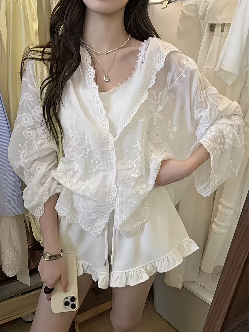 Embroidered Hook Flower Casual Versatile Loose Long Sleeved Cardigan Top, Gentle Style Daily Cover up Cardigan