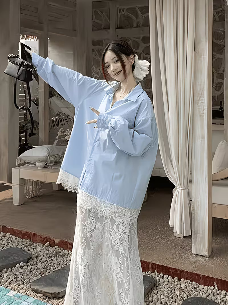 Korean Style Lace Patchwork Loose Long-Sleeved Autumn Jacket Fashionable Casual Versatile Niche Shirt Top