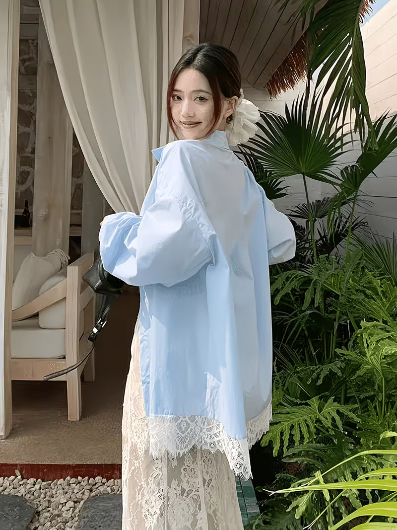 Korean Style Lace Patchwork Loose Long-Sleeved Autumn Jacket Fashionable Casual Versatile Niche Shirt Top