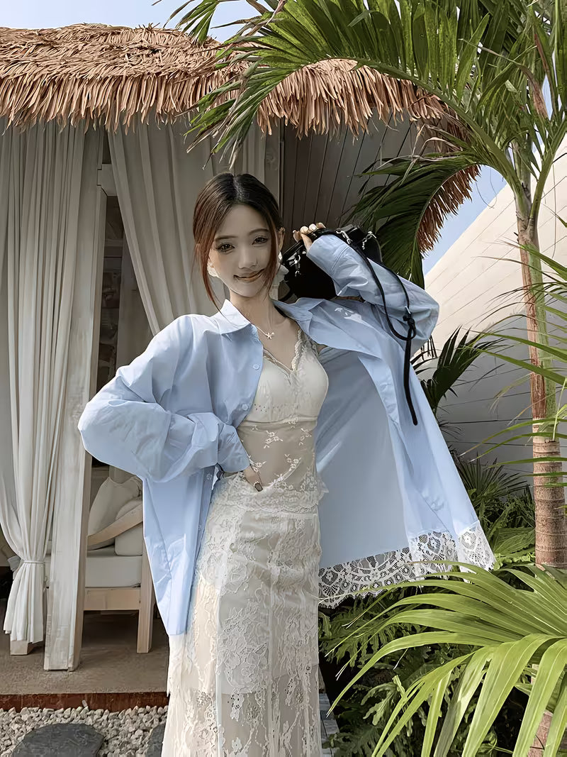 Korean Style Lace Patchwork Loose Long-Sleeved Autumn Jacket Fashionable Casual Versatile Niche Shirt Top