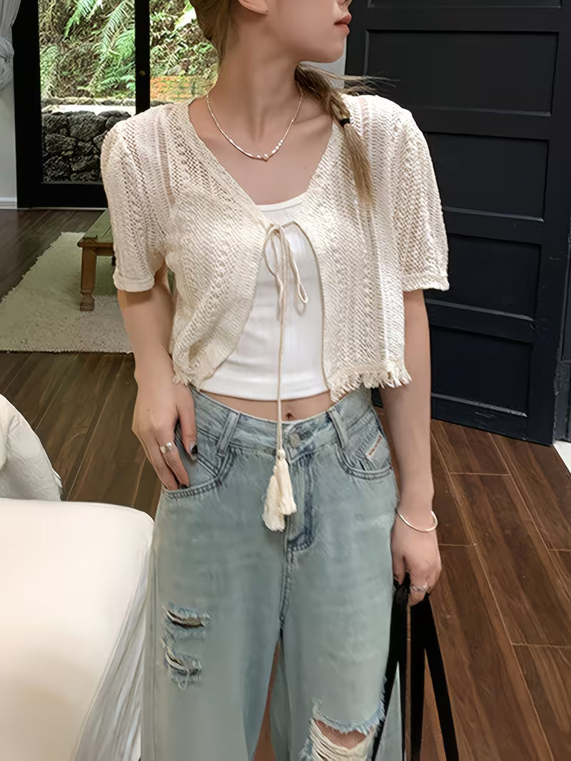 Elegant Bohemian Summer White Crochet Trimmed Edge Cardigan [Niannian]