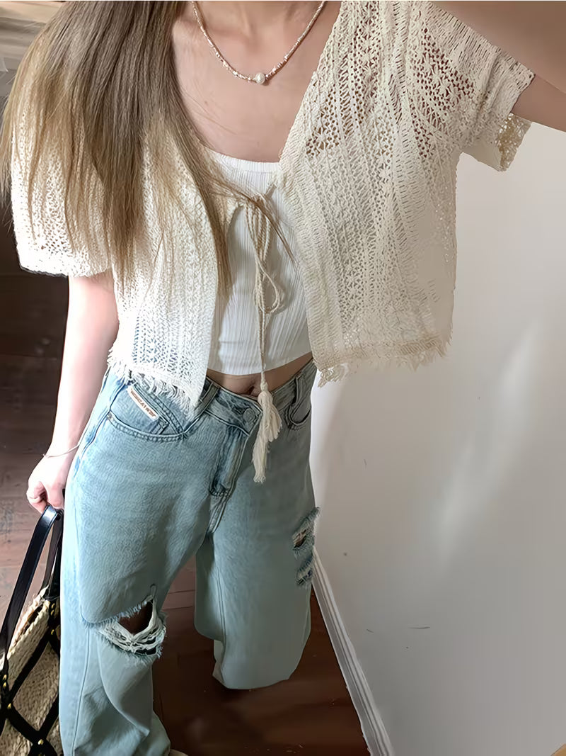 Elegant Bohemian Summer White Crochet Trimmed Edge Cardigan [Niannian]