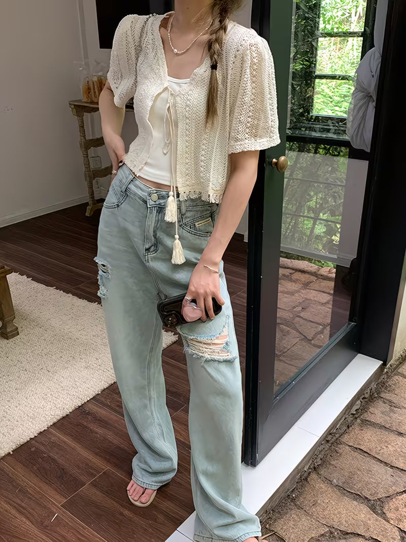 Elegant Bohemian Summer White Crochet Trimmed Edge Cardigan [Niannian]
