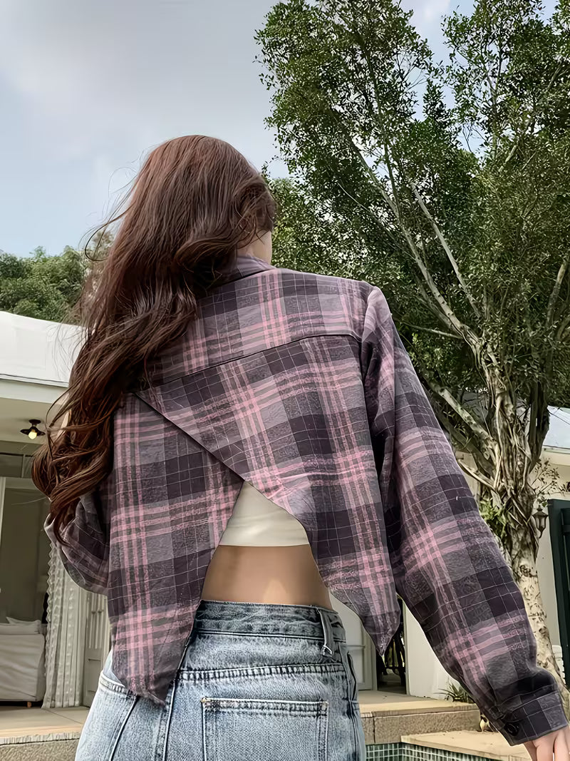Plaid Long Sleeve Shirt Jacket for Women, Chic Early Autumn Back Slit Blouse, Sweet and Spicy Designer Cropped Cardigan Top