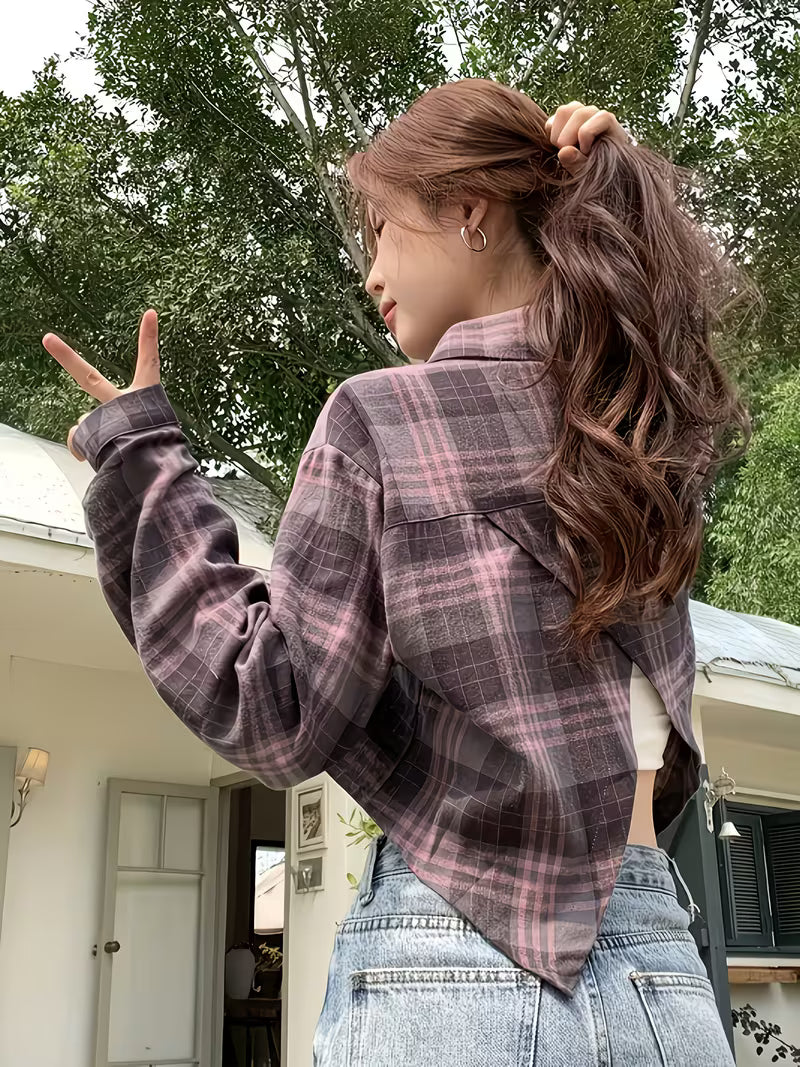 Plaid Long Sleeve Shirt Jacket for Women, Chic Early Autumn Back Slit Blouse, Sweet and Spicy Designer Cropped Cardigan Top
