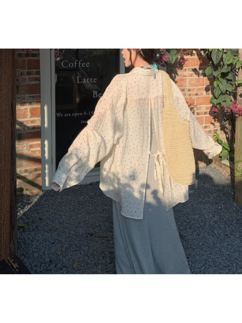 French Style Lace up Split Shirt for Spring and Summer, Thin and Gentle Design with Wave Points, Loose Long Sleeved Shirt, Outerwear Top