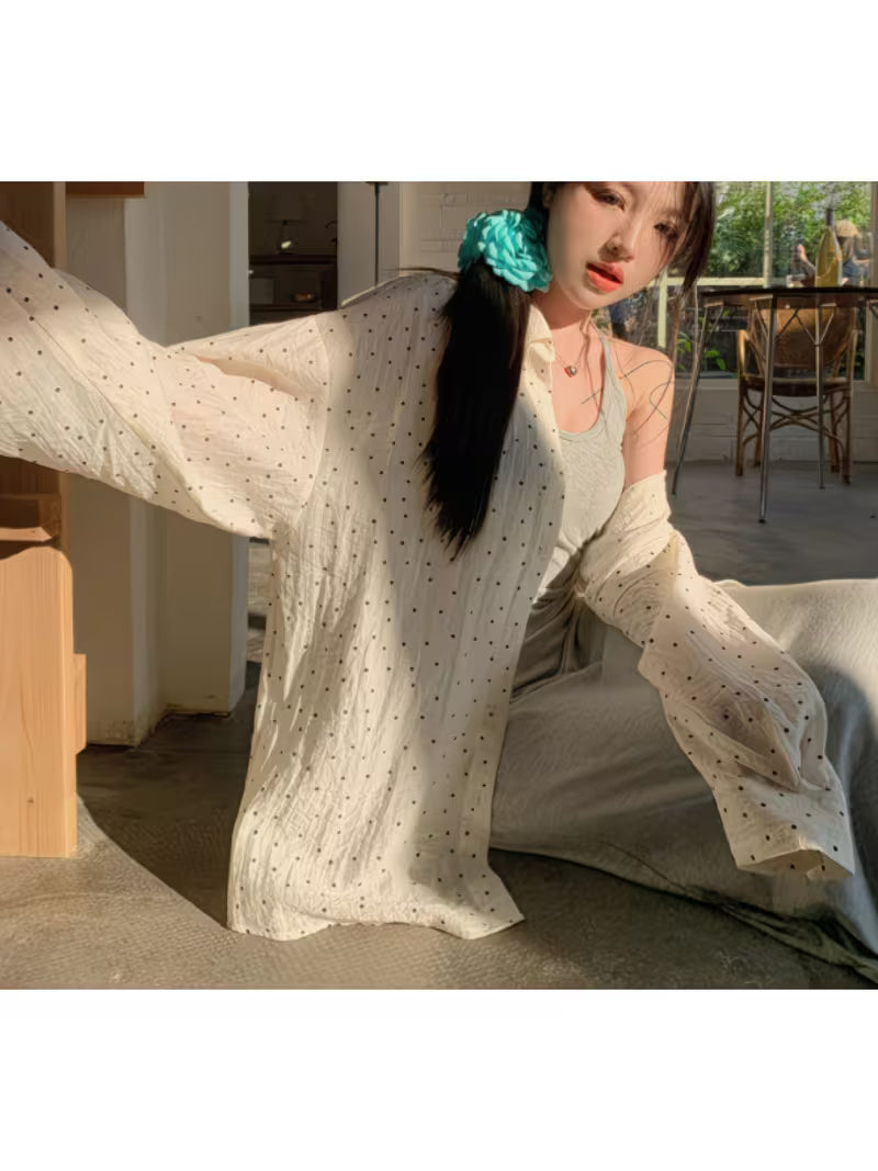 French Style Lace up Split Shirt for Spring and Summer, Thin and Gentle Design with Wave Points, Loose Long Sleeved Shirt, Outerwear Top