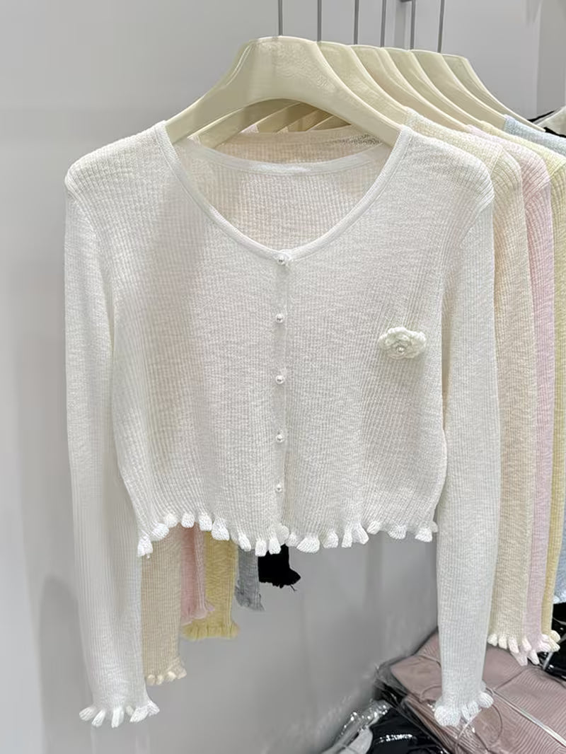 Women'S Gentle Long Sleeve Cover Up, Summer Cropped 3D Floral Cardigan, Versatile Casual Outerwear Top