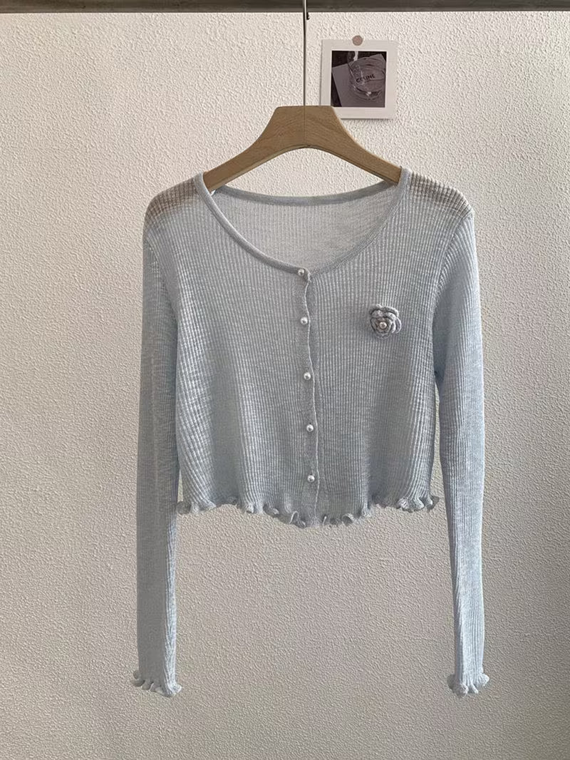 Women'S Gentle Long Sleeve Cover Up, Summer Cropped 3D Floral Cardigan, Versatile Casual Outerwear Top