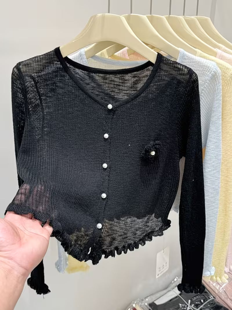 Women'S Gentle Long Sleeve Cover Up, Summer Cropped 3D Floral Cardigan, Versatile Casual Outerwear Top