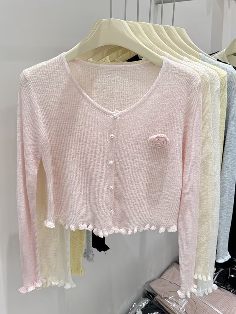 Women'S Gentle Long Sleeve Cover Up, Summer Cropped 3D Floral Cardigan, Versatile Casual Outerwear Top
