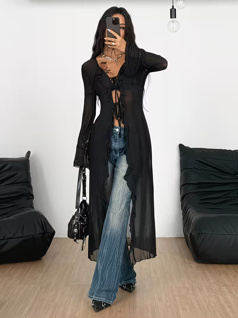 A New Women'S Sheer Mesh Jacket with Irregular Ruffled Sleeves And Tie Decoration, Perfect for Stylish And Elegant Vacation Commutes, Street Fashion, Dates, Gatherings, And Everyday Wear. This Long Trench Coat Jacket Is Suitable for All Seasons