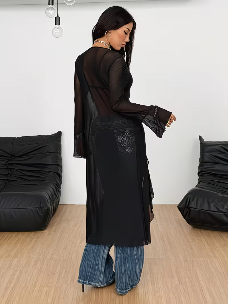 A New Women'S Sheer Mesh Jacket with Irregular Ruffled Sleeves And Tie Decoration, Perfect for Stylish And Elegant Vacation Commutes, Street Fashion, Dates, Gatherings, And Everyday Wear. This Long Trench Coat Jacket Is Suitable for All Seasons