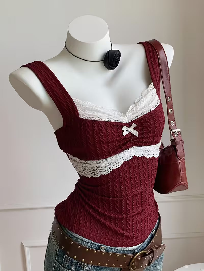 American Vintage Lace Bow Camisole, Y2K Hot Versatile Top, Made of Comfortable and Beautiful Jacquard Fabric, Suitable for Parties, Outings,, and Music Festivals