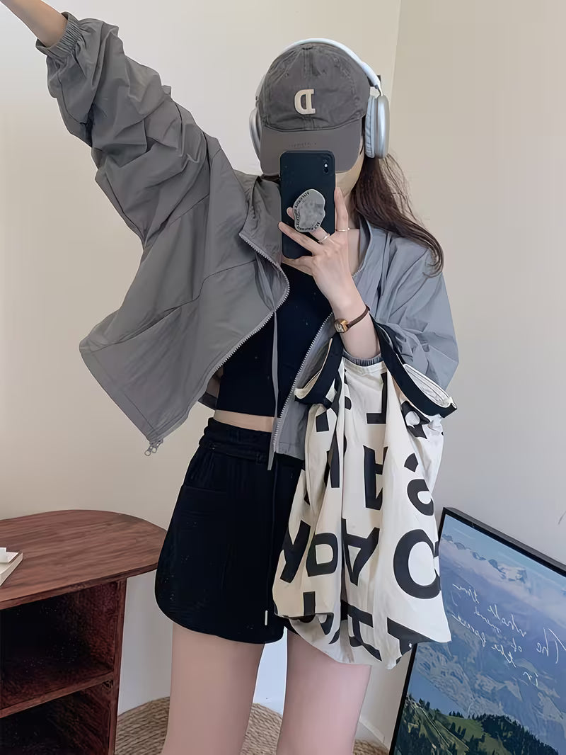 Women'S Long Sleeve Short Hooded Zippered Jacket | Casual Non-Stretch Solid Color Jacket for Spring/Summer/Fall, Weekend Casual Use