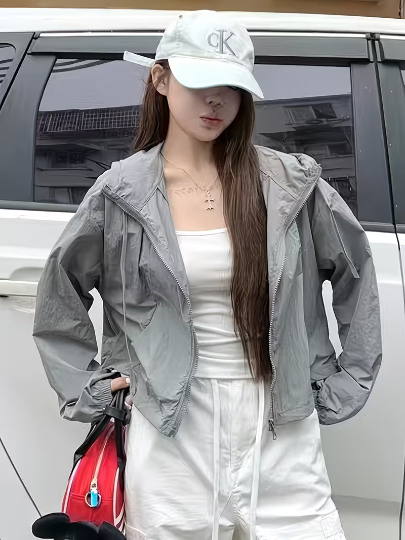 Women'S Long Sleeve Short Hooded Zippered Jacket | Casual Non-Stretch Solid Color Jacket for Spring/Summer/Fall, Weekend Casual Use