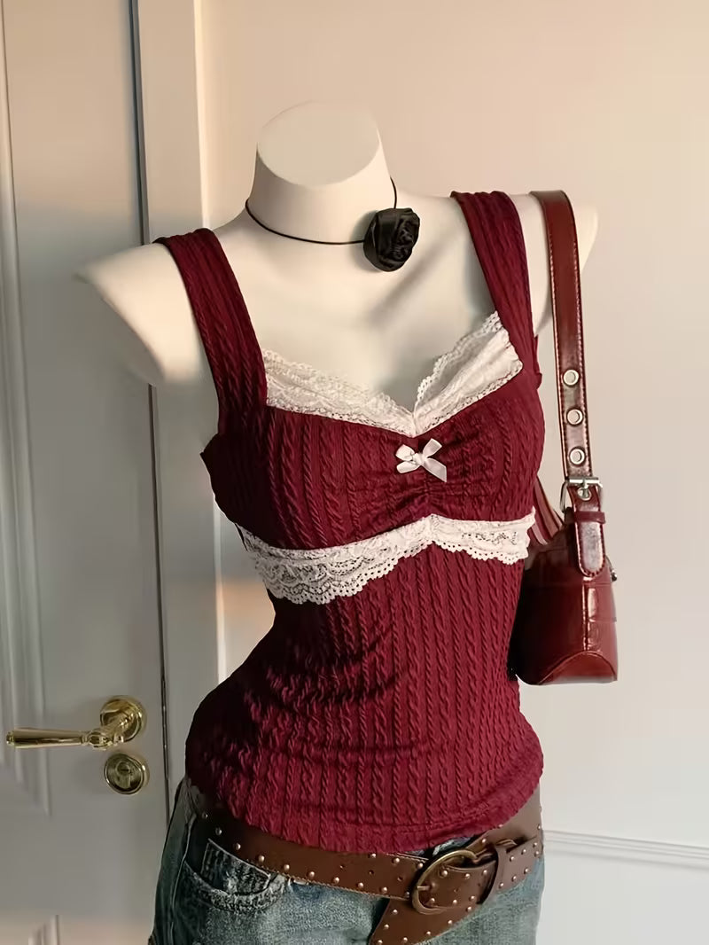 American Vintage Lace Bow Camisole, Y2K Hot Versatile Top, Made of Comfortable and Beautiful Jacquard Fabric, Suitable for Parties, Outings,, and Music Festivals