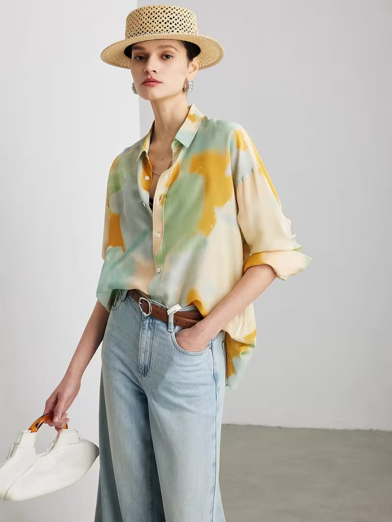 Women's 100% Mulberry Printed Crepe Oversized Long Sleeve Shirt, Relaxed Casual Button-Up Blouse for Spring and Summer