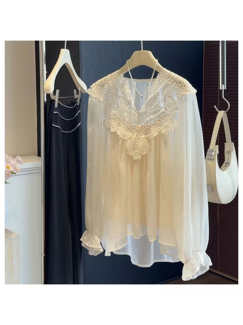 Pink Heavy-Duty Chiffon Shirt for Women, Summer with a Stylish Hollow-Out Design, Elegant Tank Top And Long-Sleeve Two-Piece Set