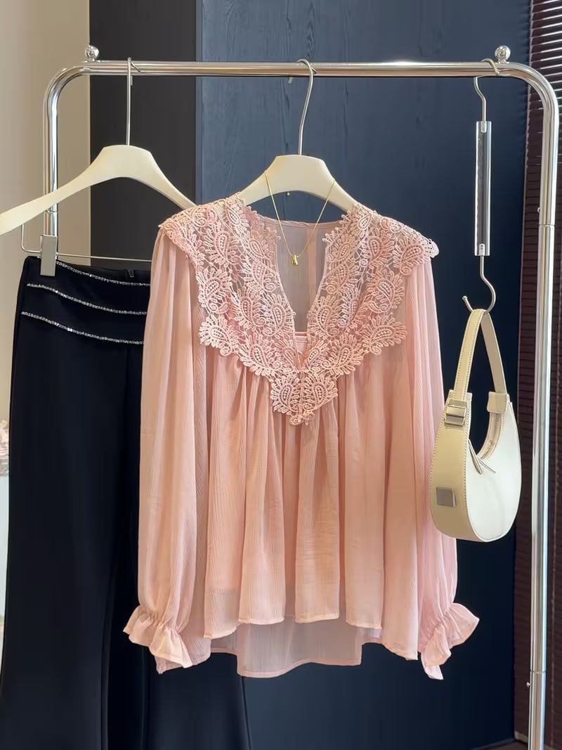 Pink Heavy-Duty Chiffon Shirt for Women, Summer with a Stylish Hollow-Out Design, Elegant Tank Top And Long-Sleeve Two-Piece Set