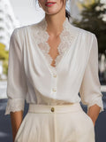 Lace Trim - Women'S White V-Neck French Minimalist Chic Spring Summer Office Outfit Chic Ladies Top