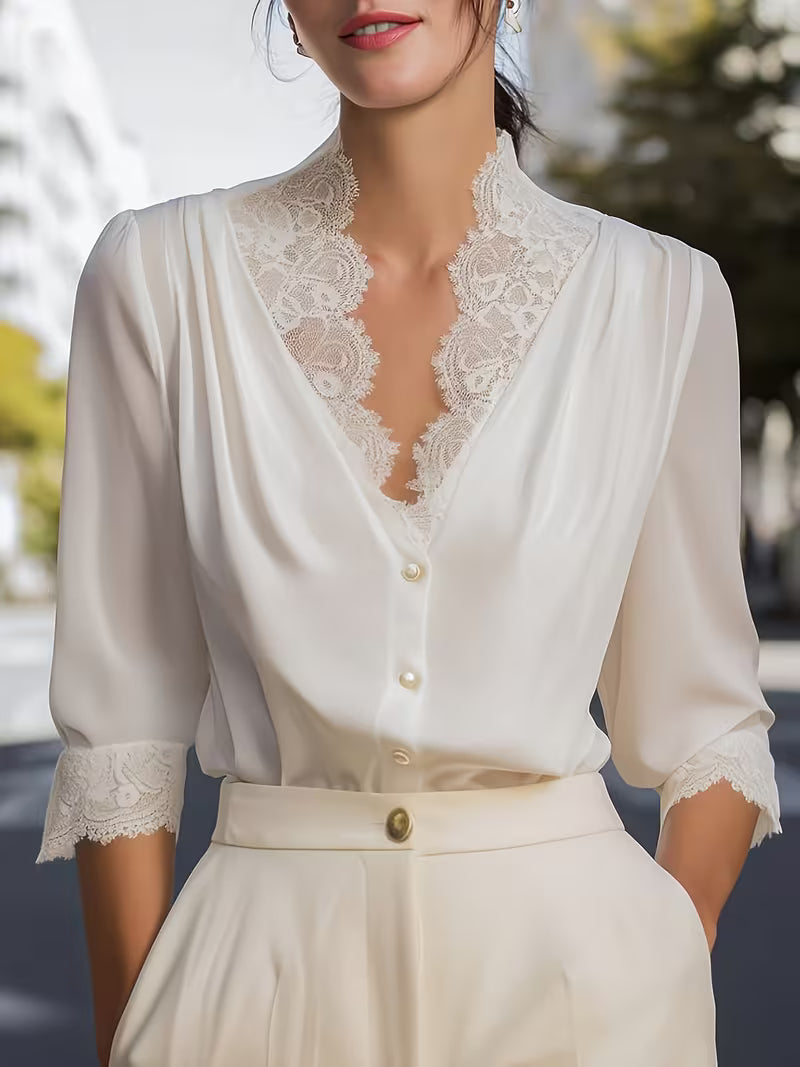 Lace Trim - Women'S White V-Neck French Minimalist Chic Spring Summer Office Outfit Chic Ladies Top