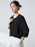 20 Momme Thick Crepe 6A Mulberry Blouse for Women, New Chinese-style Petal Collar, Three-quarter Sleeves, Loose Fit, Commuting, Genuine Ladies' Shirt