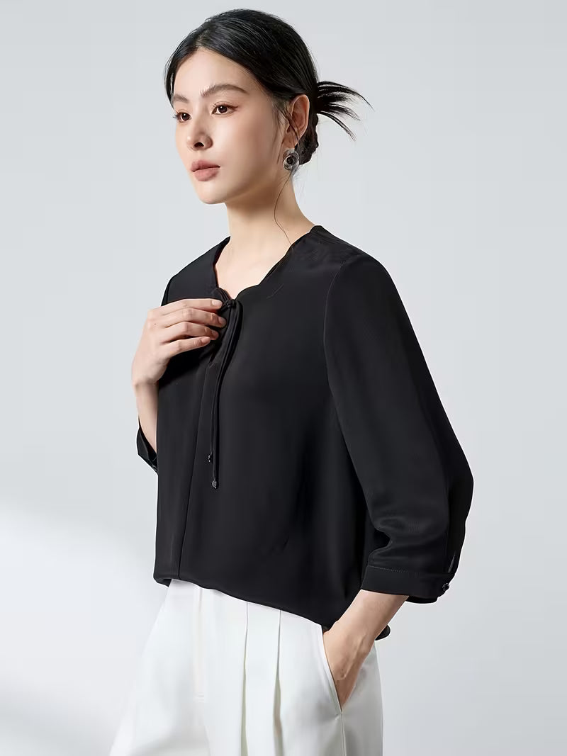 20 Momme Thick Crepe 6A Mulberry Blouse for Women, New Chinese-style Petal Collar, Three-quarter Sleeves, Loose Fit, Commuting, Genuine Ladies' Shirt