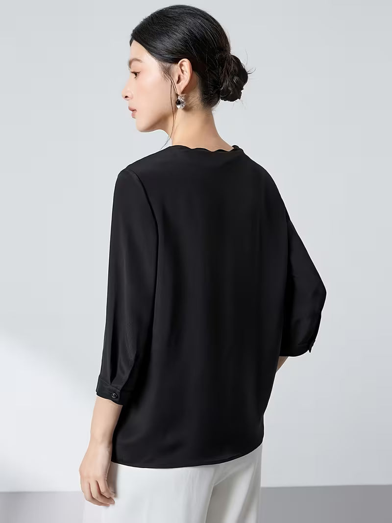 20 Momme Thick Crepe 6A Mulberry Blouse for Women, New Chinese-style Petal Collar, Three-quarter Sleeves, Loose Fit, Commuting, Genuine Ladies' Shirt