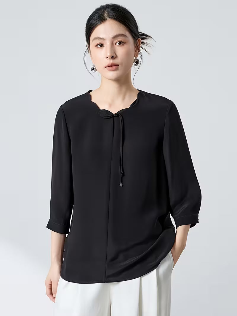 20 Momme Thick Crepe 6A Mulberry Blouse for Women, New Chinese-style Petal Collar, Three-quarter Sleeves, Loose Fit, Commuting, Genuine Ladies' Shirt