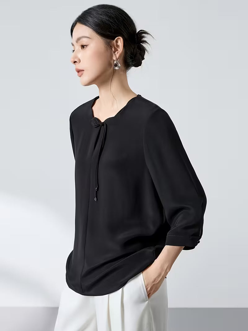 20 Momme Thick Crepe 6A Mulberry Blouse for Women, New Chinese-style Petal Collar, Three-quarter Sleeves, Loose Fit, Commuting, Genuine Ladies' Shirt