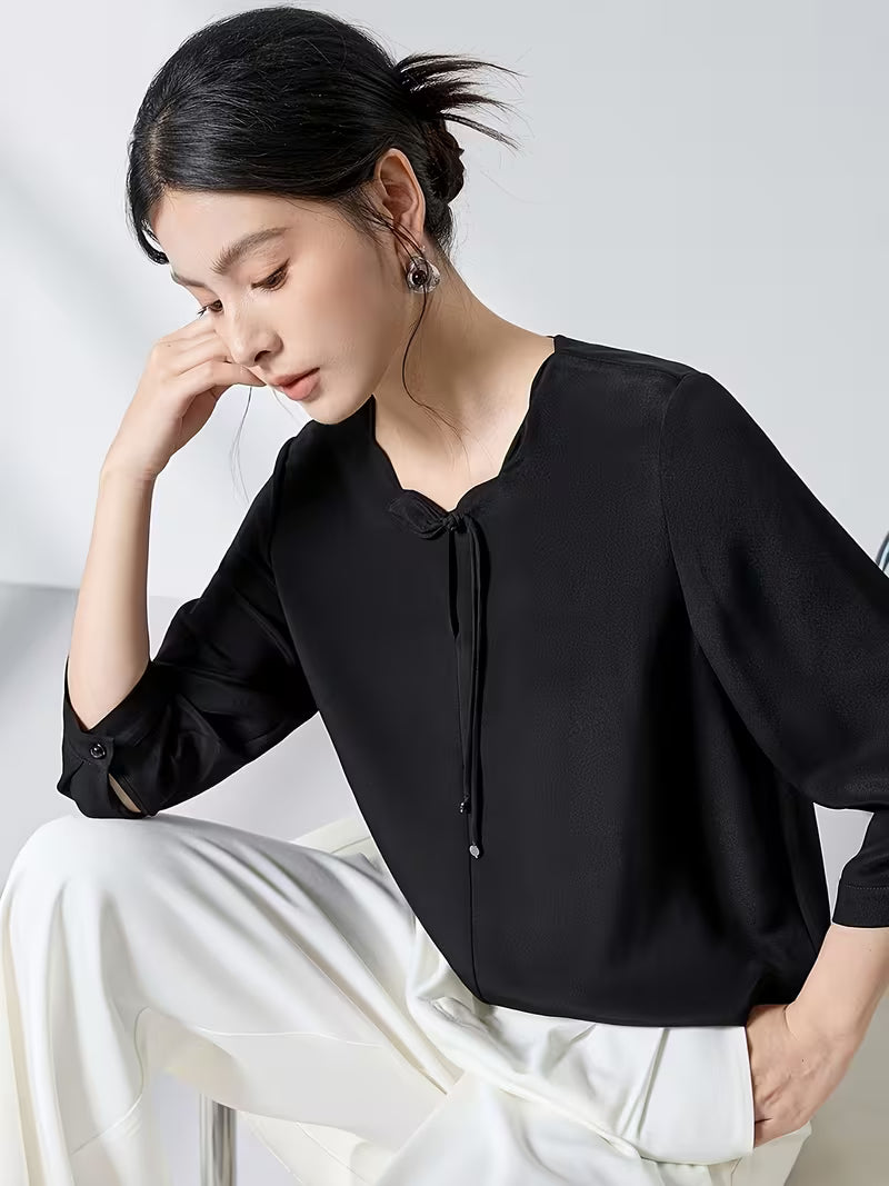20 Momme Thick Crepe 6A Mulberry Blouse for Women, New Chinese-style Petal Collar, Three-quarter Sleeves, Loose Fit, Commuting, Genuine Ladies' Shirt