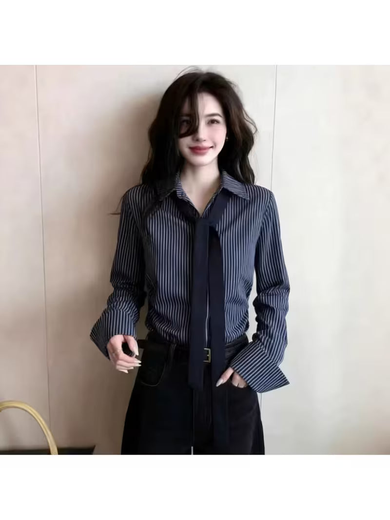 Elegant Everyday Commuter Versatile Long-sleeve Shirt, Spring Simple Striped Color-blocked Unique Skin-friendly Women's Shirt Sold by JUCIIUY