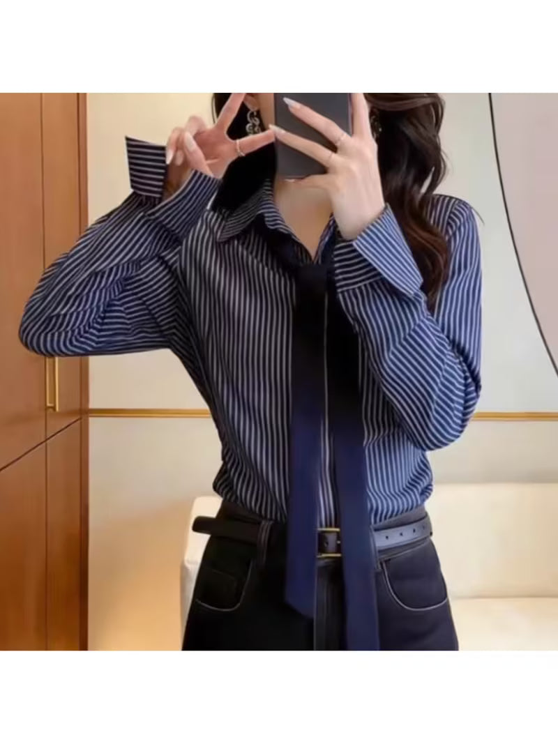 Elegant Everyday Commuter Versatile Long-sleeve Shirt, Spring Simple Striped Color-blocked Unique Skin-friendly Women's Shirt Sold by JUCIIUY