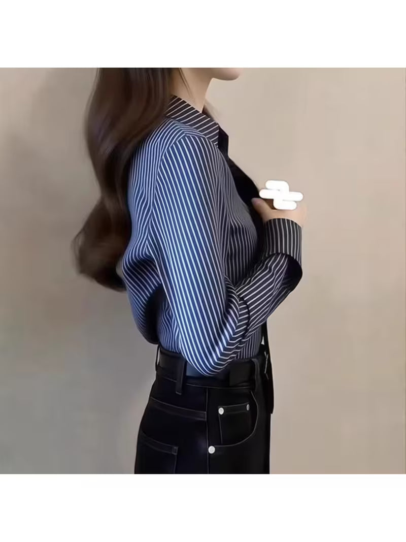 Elegant Everyday Commuter Versatile Long-sleeve Shirt, Spring Simple Striped Color-blocked Unique Skin-friendly Women's Shirt Sold by JUCIIUY
