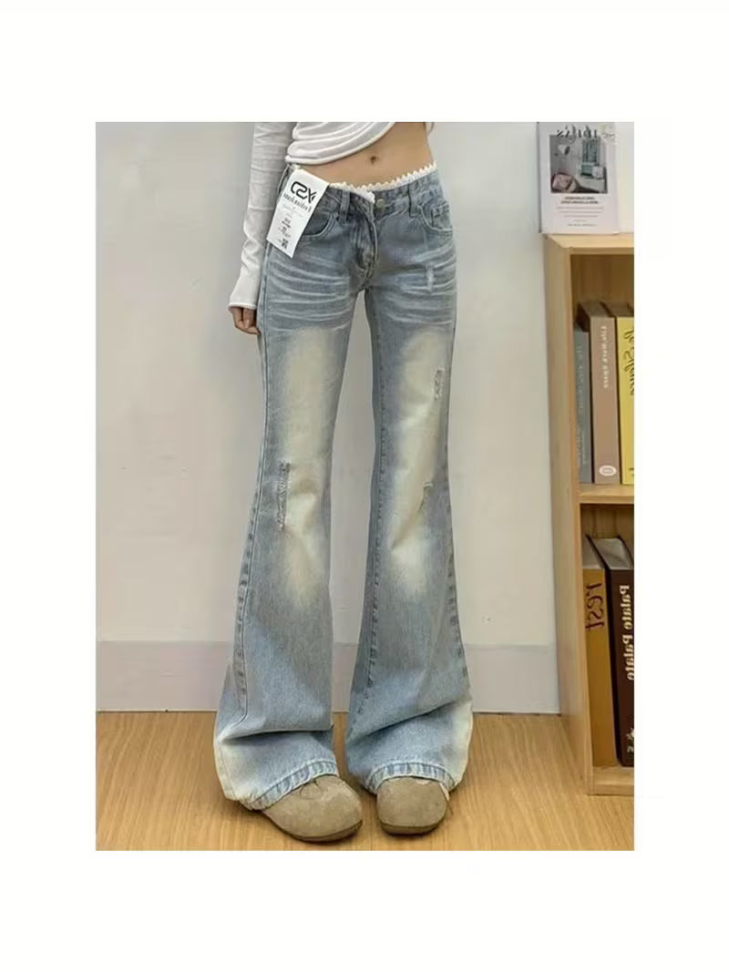 Low-Rise Super Skinny Jeans for Women, Featuring Vintage Lace Details And a Loose Fit, with Long Hems