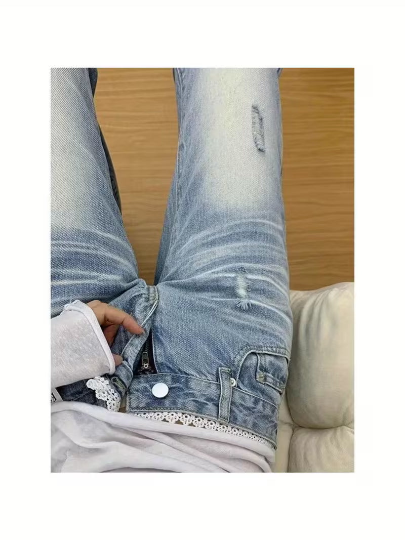 Low-Rise Super Skinny Jeans for Women, Featuring Vintage Lace Details And a Loose Fit, with Long Hems